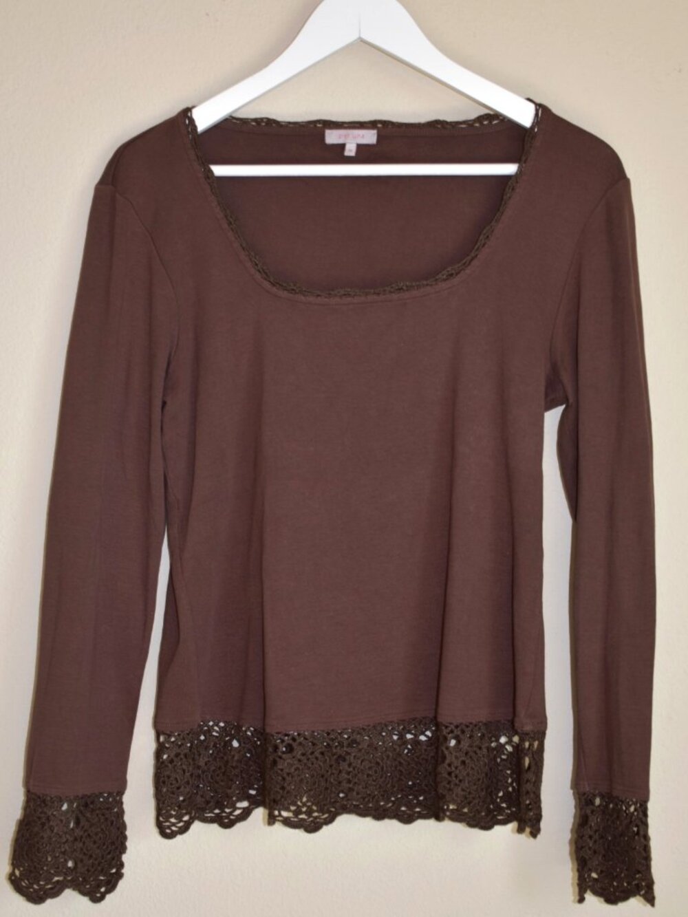 Per Una Brown Cotton Crochet Trim Top UK 16